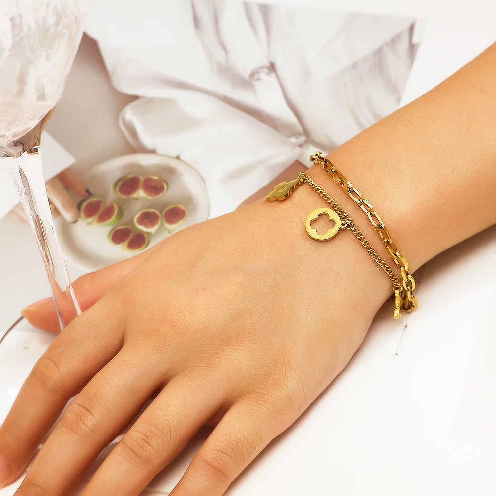 316 Stainless Steel 18K Gold Plated Double Layer Flower Bracelet | Elegant Layered Jewelry for Women