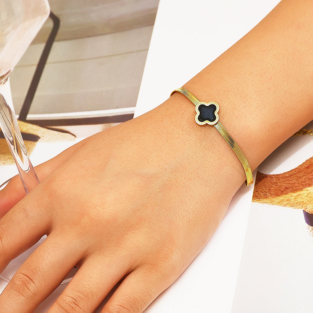 316 Stainless Steel Herringbone Chain Bracelet with Black Clover Pendant | Lucky Gold Plated Jewelry for Women