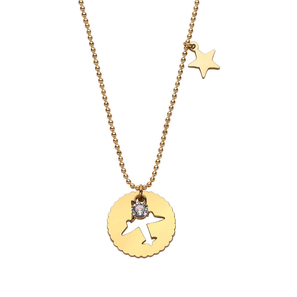 Collier avion en acier inoxydable plaqué or 18 carats