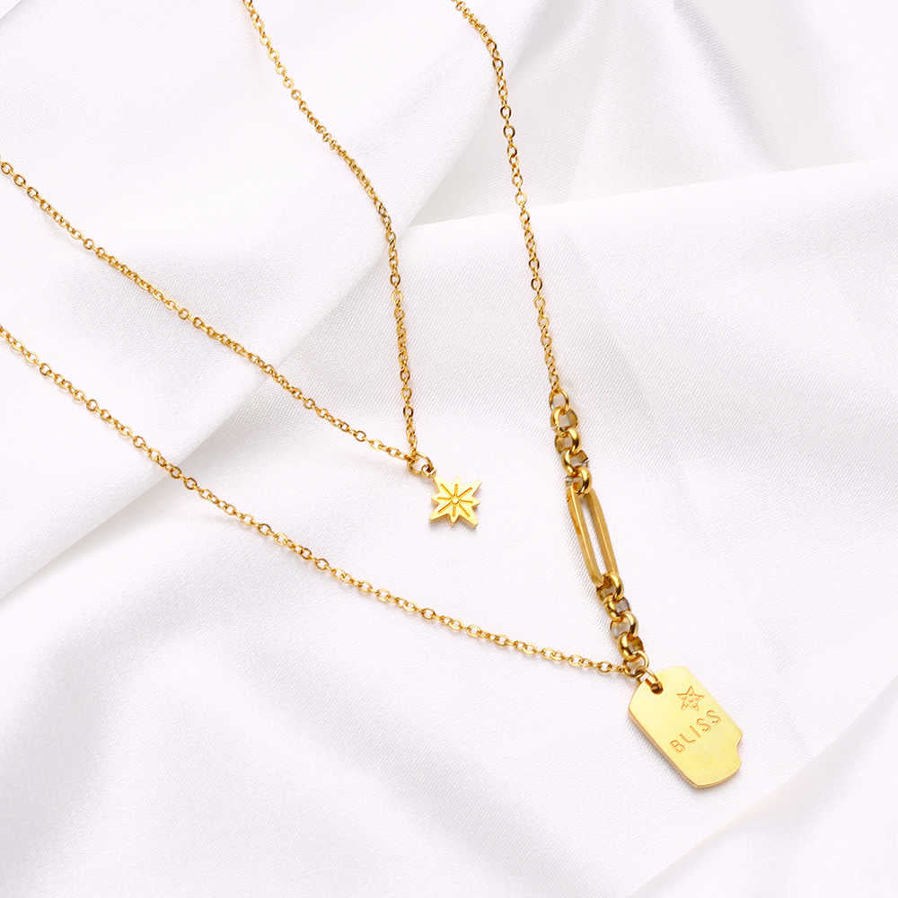 Collier en acier inoxydable plaqué or 18 carats avec étiquette Sun Star