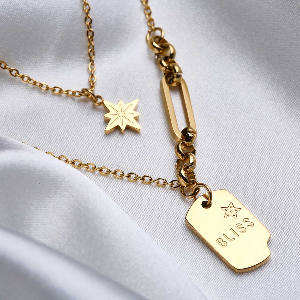 Collier en acier inoxydable plaqué or 18 carats avec étiquette Sun Star