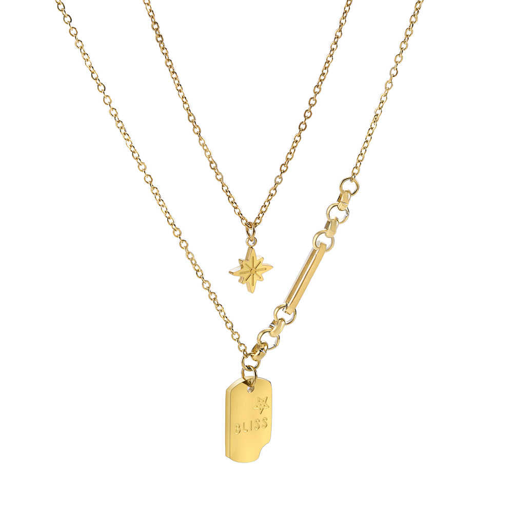 Collier en acier inoxydable plaqué or 18 carats avec étiquette Sun Star