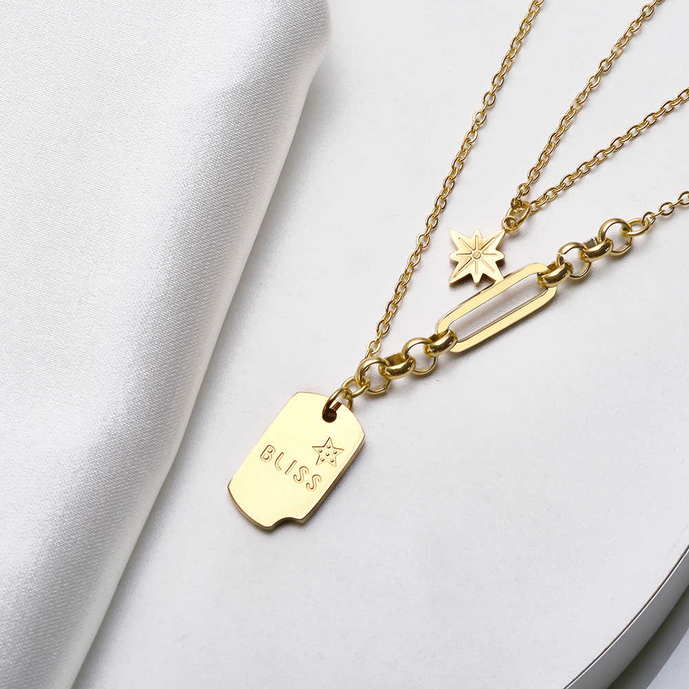 Collier en acier inoxydable plaqué or 18 carats avec étiquette Sun Star