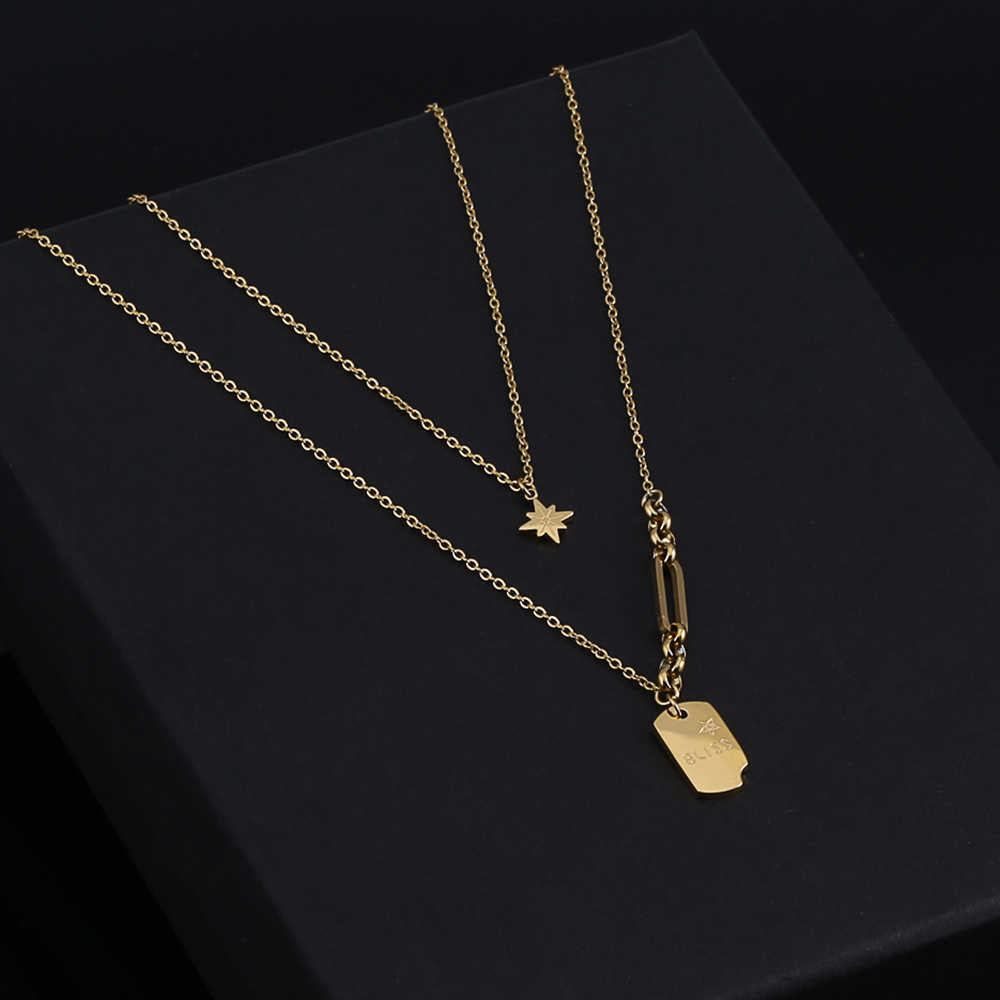 Collier en acier inoxydable plaqué or 18 carats avec étiquette Sun Star