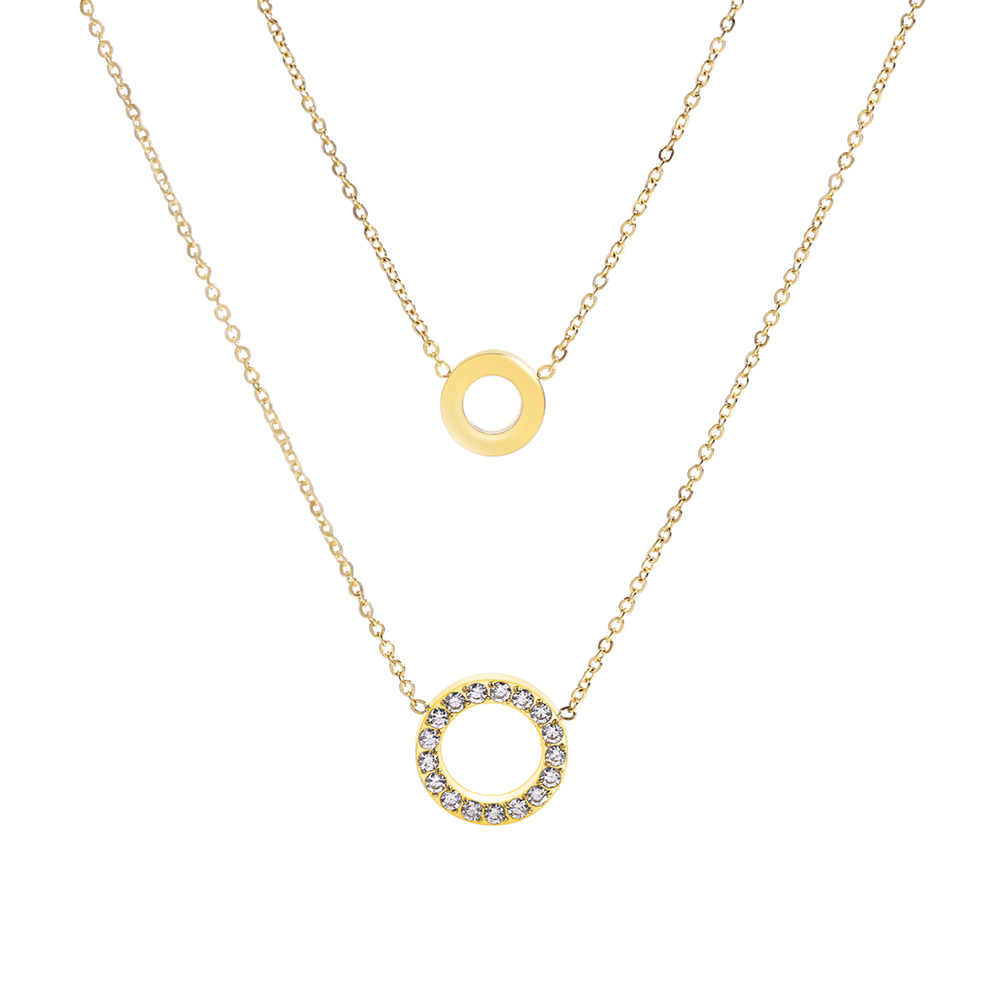 Collier double en acier inoxydable plaqué or 18 carats avec zircon rond