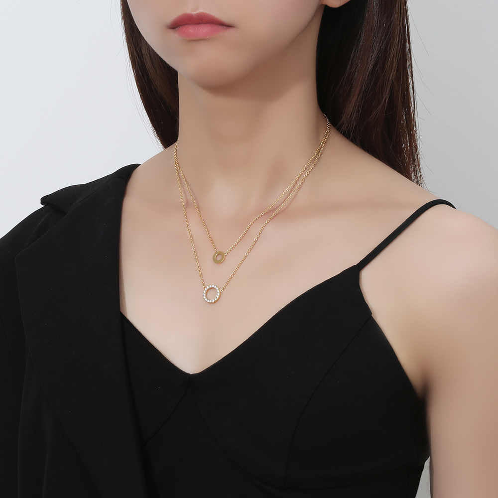Collier double en acier inoxydable plaqué or 18 carats avec zircon rond