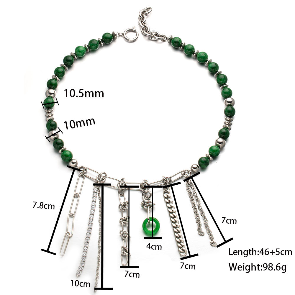 Green Tassel Elegance Necklace with Green Natural Stone Beads – Unisex Handmade Jewelry