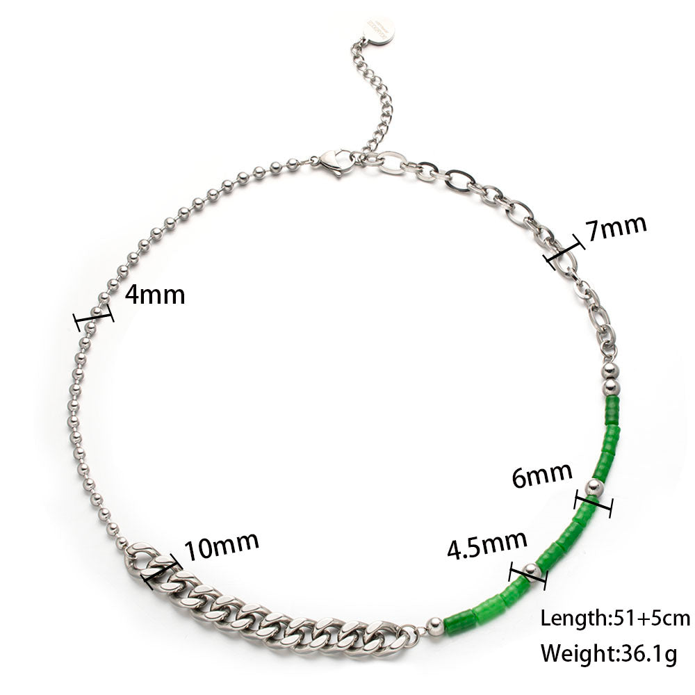Green Bamboo Cuban Necklace – 316 Stainless Steel Cuban Chain with Natural Bamboo-Style Green Stones, Unisex Mixed Jewelry