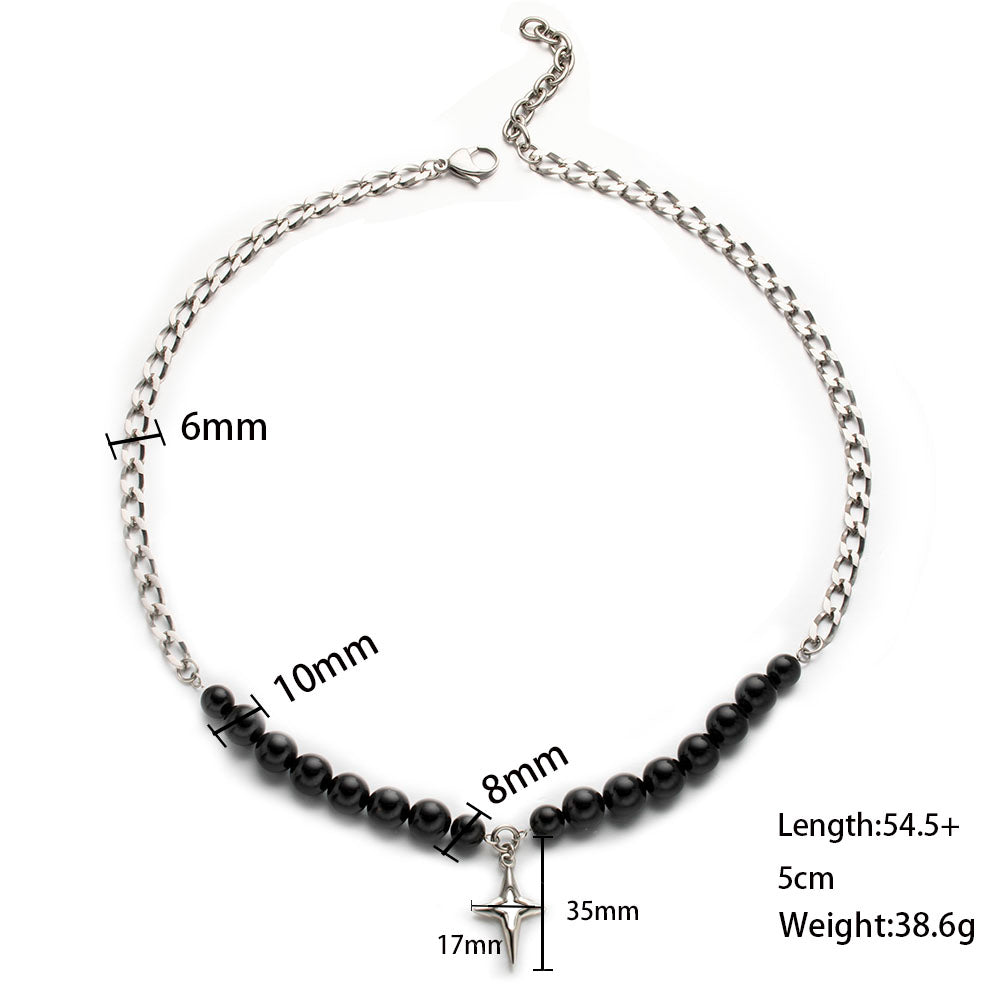 Star Hollow Cuban Necklace with Black Beads – Unisex Stainless Steel 316 Cuban Chain Jewelry