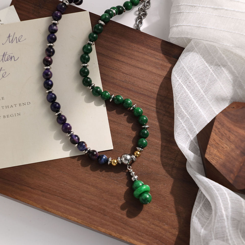 Harmony Pendant Necklace with Natural Stones – Purple & Green Beads with Green Pendant, Unisex Handmade Jewelry
