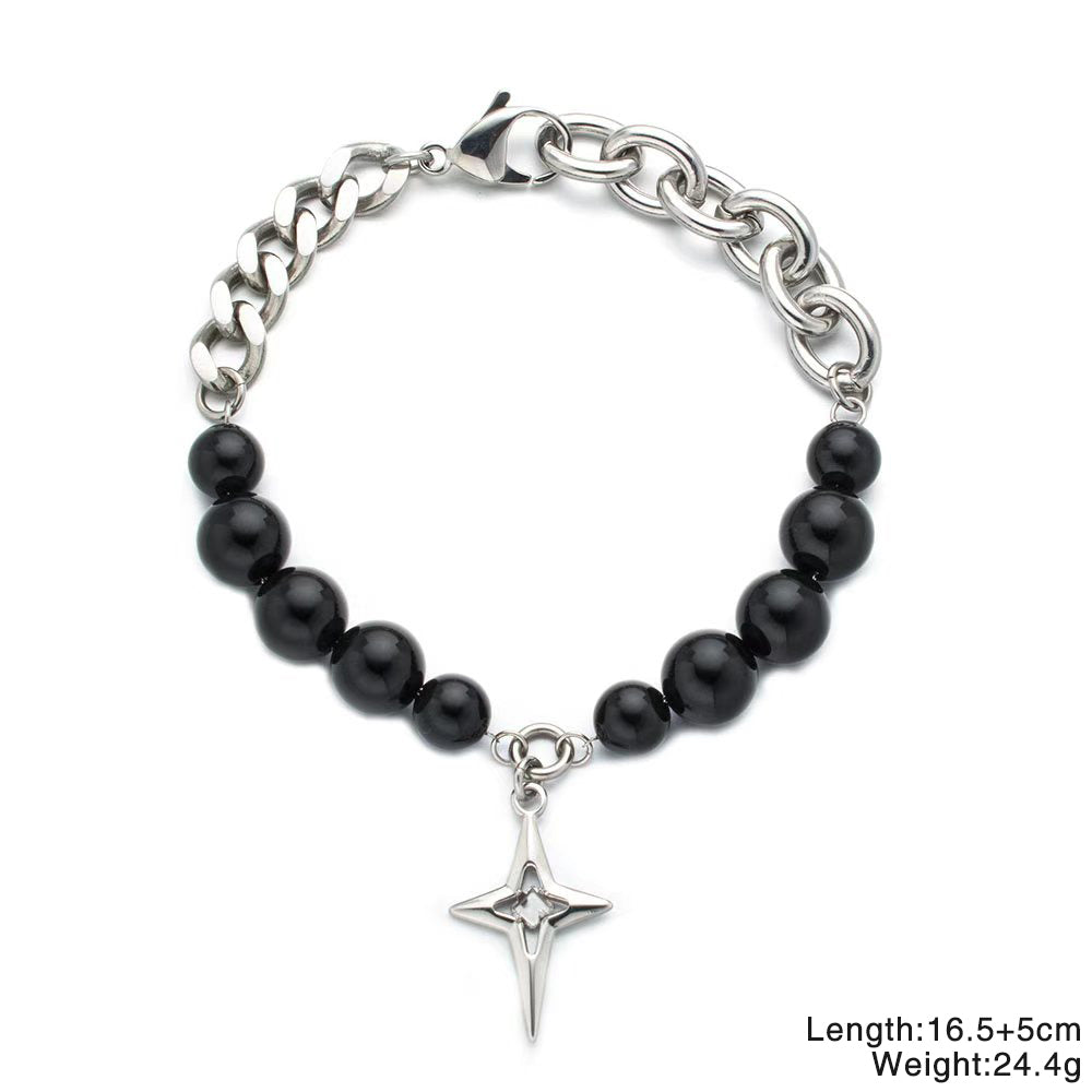 Black Beads & Cuban Chain Bracelet – Unisex Handmade Bracelet with Black Beads and Cuban Chain