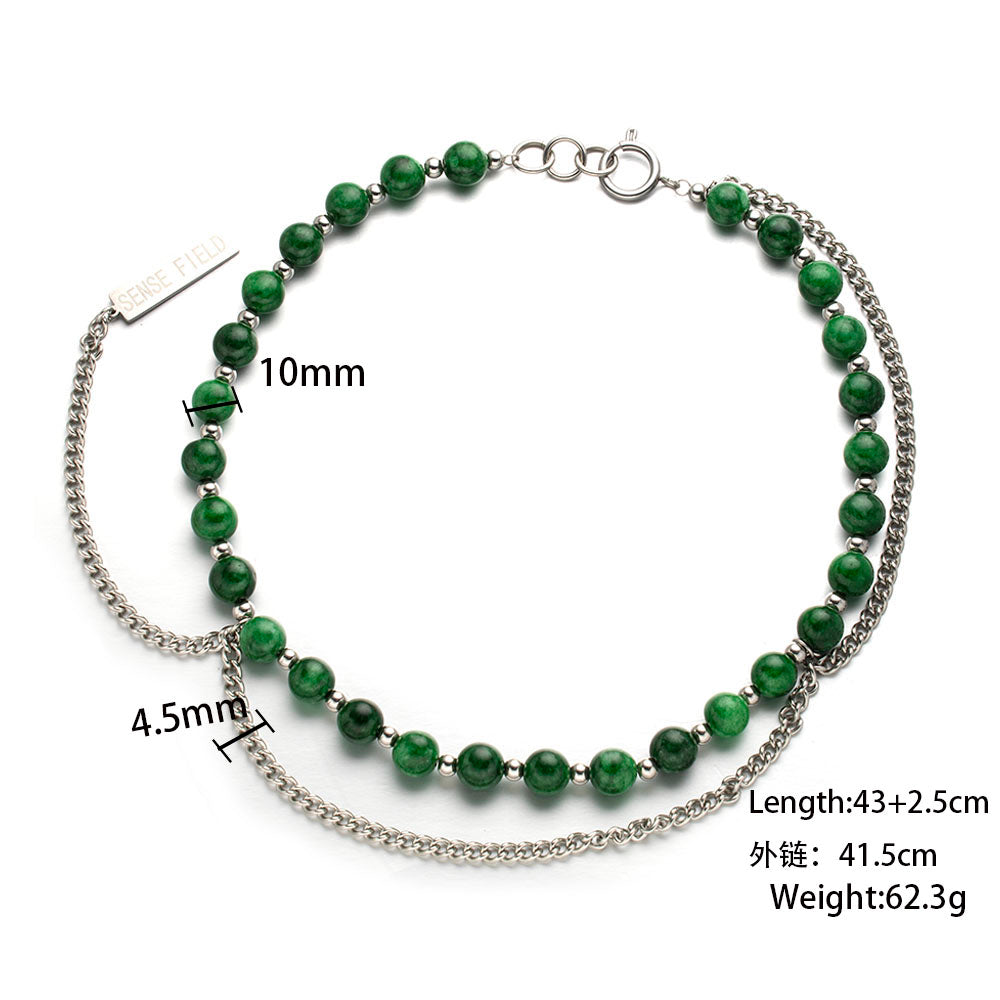 Green Layered Beads Necklace – Unisex Handmade Jewelry with Green Beads and Stainless Steel Chain