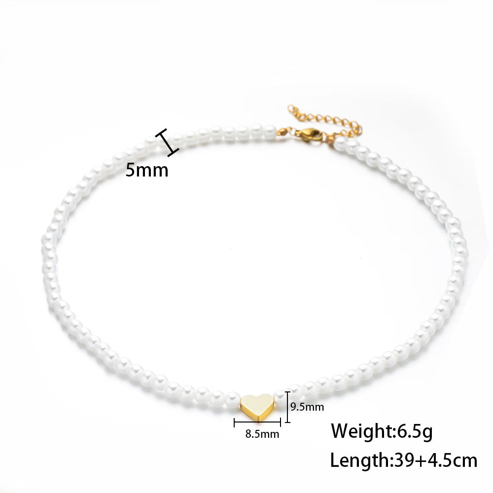 316 Stainless Steel 18K Gold Plated White Bead Necklace | Small Gold Heart Pendant Minimalist Jewelry