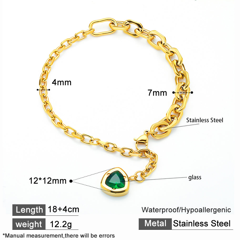 316 Stainless Steel Rope-Style Bracelet with Green Cubic Zirconia Accent on Chain End – Waterproof & Hypoallergenic