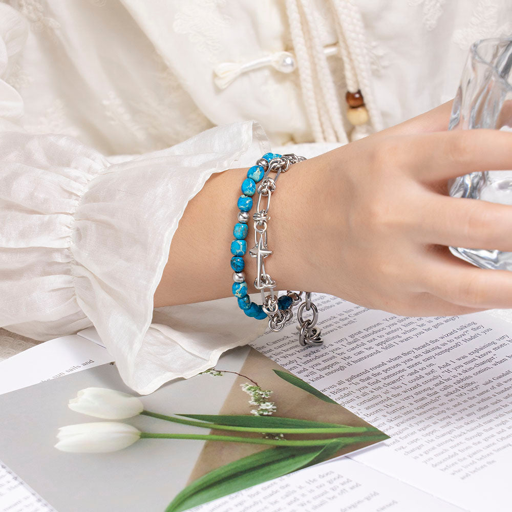 Blue Stone & Stainless Steel Layered Bracelet – Unisex Handmade Double-Layer Bracelet with Blue Stones and Stainless Steel