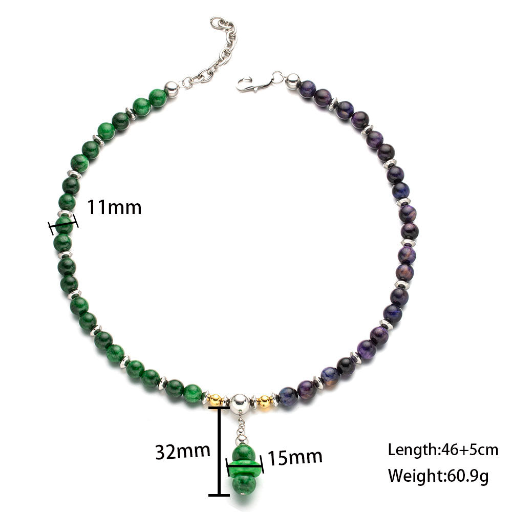 Harmony Pendant Necklace with Natural Stones – Purple & Green Beads with Green Pendant, Unisex Handmade Jewelry