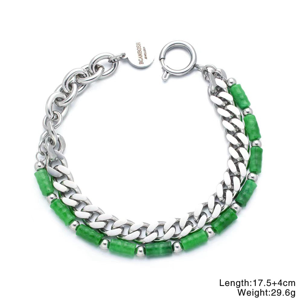 Green Bamboo & Cuban Chain Layered Bracelet