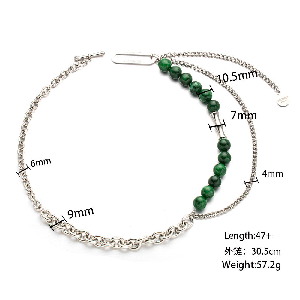 Double-Layer Necklace with Stainless Steel Chain and Green Beads – Unisex Handmade Jewelry