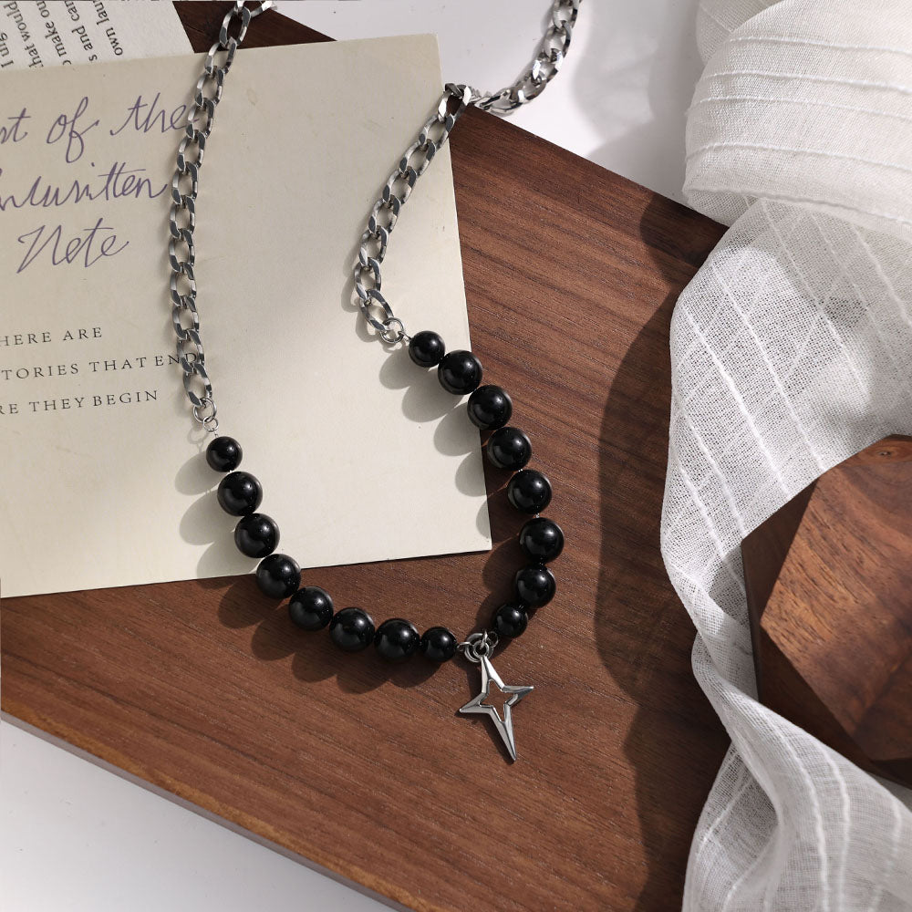 Star Hollow Cuban Necklace with Black Beads – Unisex Stainless Steel 316 Cuban Chain Jewelry