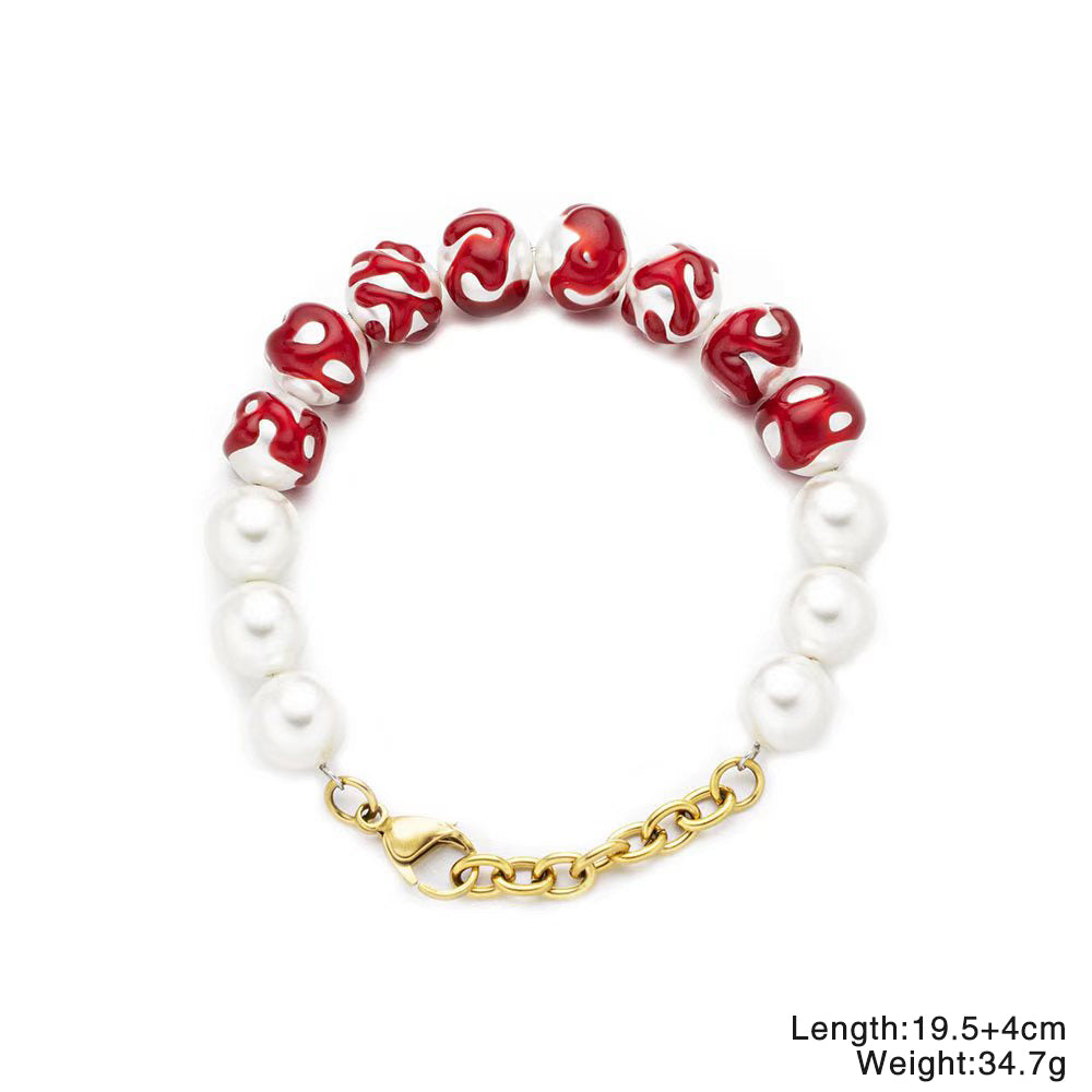 White Beads with Red Accents Bracelet – Unisex Handmade Bracelet with White Beads and Red Highlights