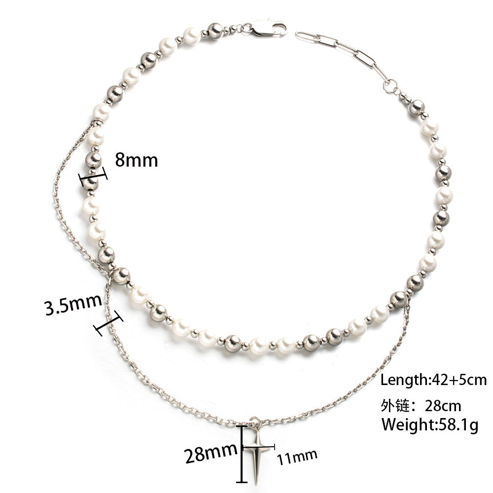 White & Stainless Layered Necklace with Pendant – Unisex Handmade Jewelry with White Beads, Stainless Steel Beads, and Chain Pendant