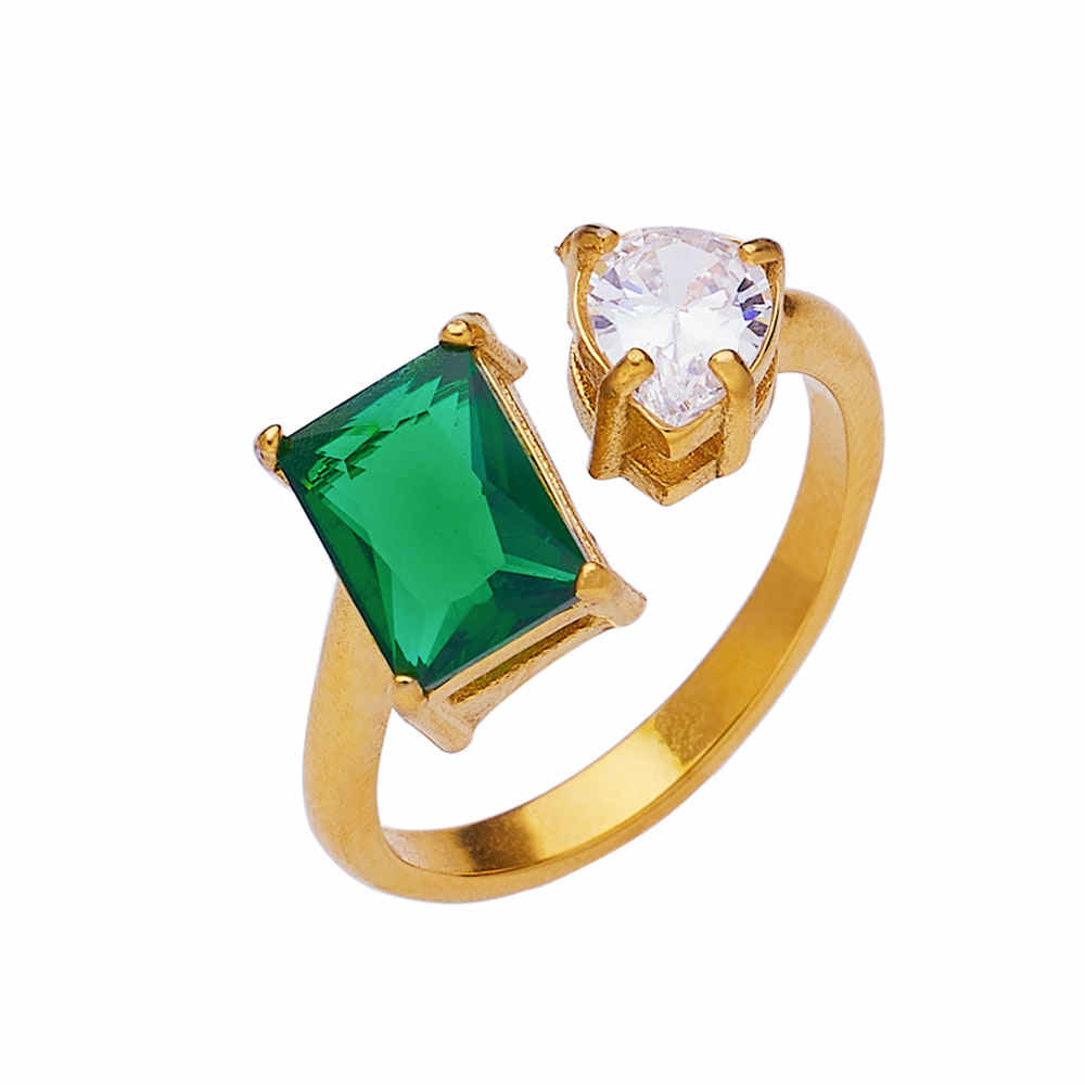 Bague agate et zircon en acier inoxydable plaqué or 18 carats