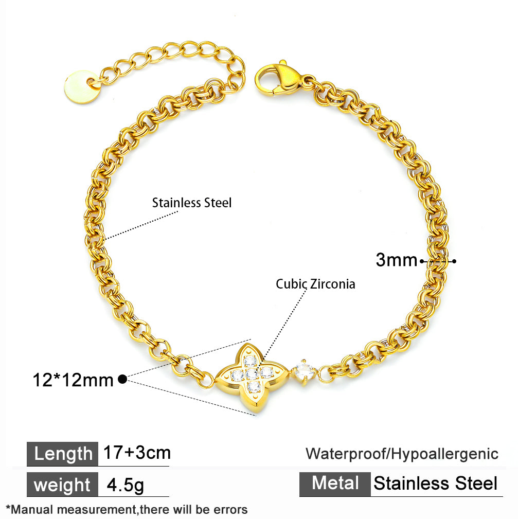 18K Gold Plated 316 Stainless Steel Four-Leaf Clover Bracelet with Crystal Accents – Waterproof & Hypoallergenic