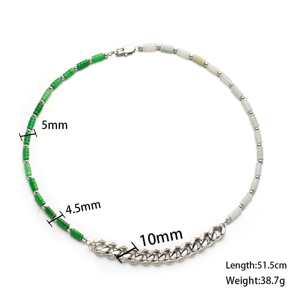 Green & White Fusion Cuban Necklace – Mixed Design with Stainless Steel Cuban Chain and Bamboo-Style Stones