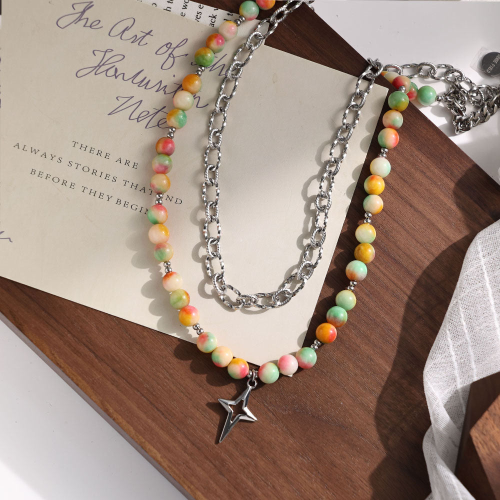 Color Bead Double-Layer Necklace with Stainless Steel Chain – Unisex Handmade Jewelry