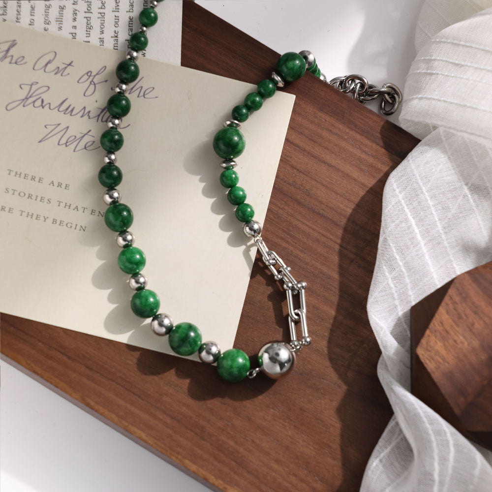 Natural Dark Green Stone Beads Stainless Steel Necklace – Minimalist Fashion Jewelry for Women