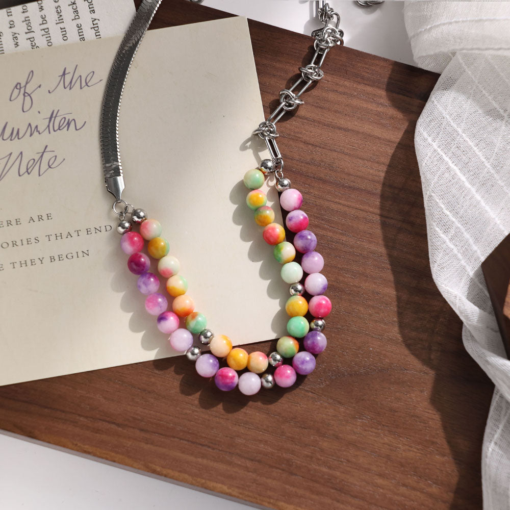Colorful Layered Beads & Chain Necklace – Unisex Handmade Jewelry with Double Colorful Beads and Stainless Steel Chain