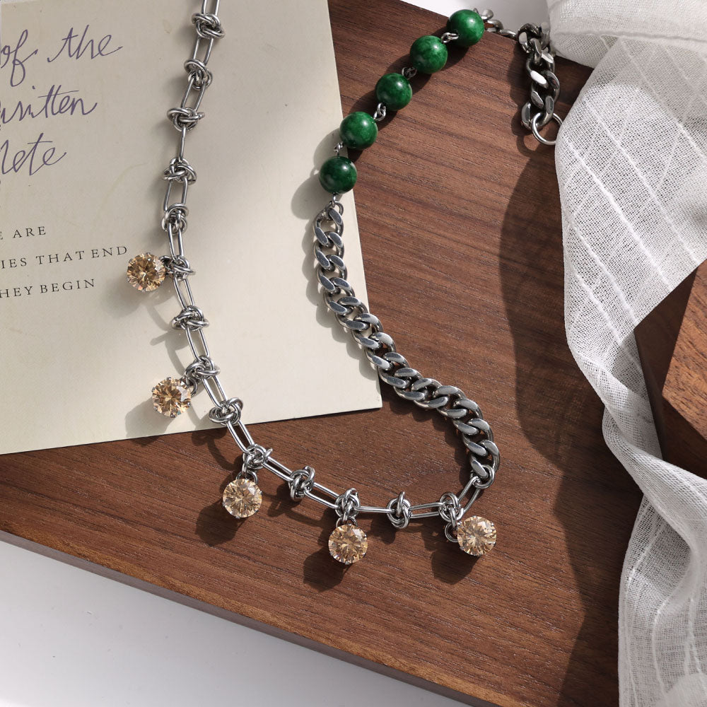Green Fusion Mixed Necklace with Cuban Chain, Green Beads, and Embedded Zircon – Unisex Handmade Jewelry