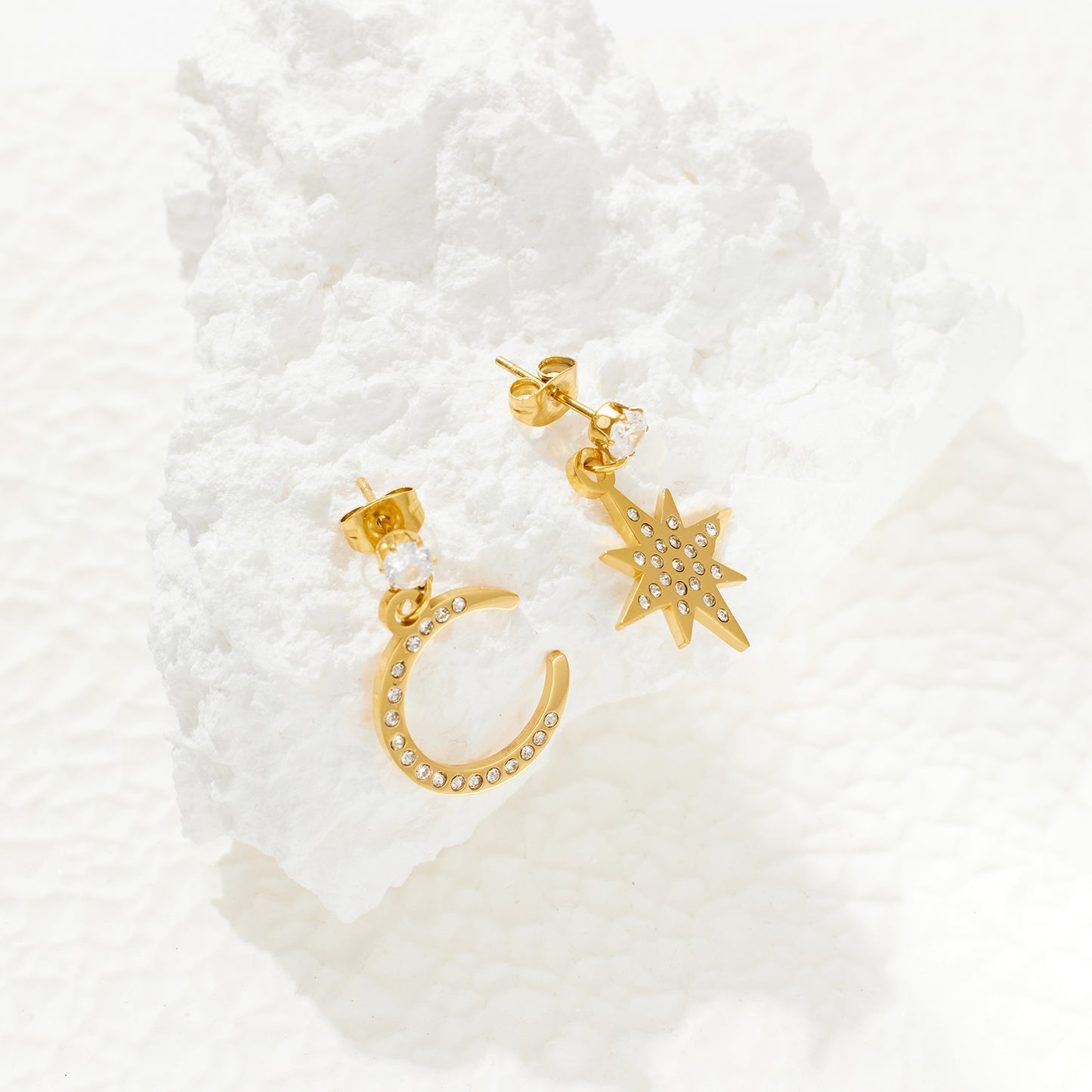 Stainless steel plated 18-karat gold diamond star moon earrings