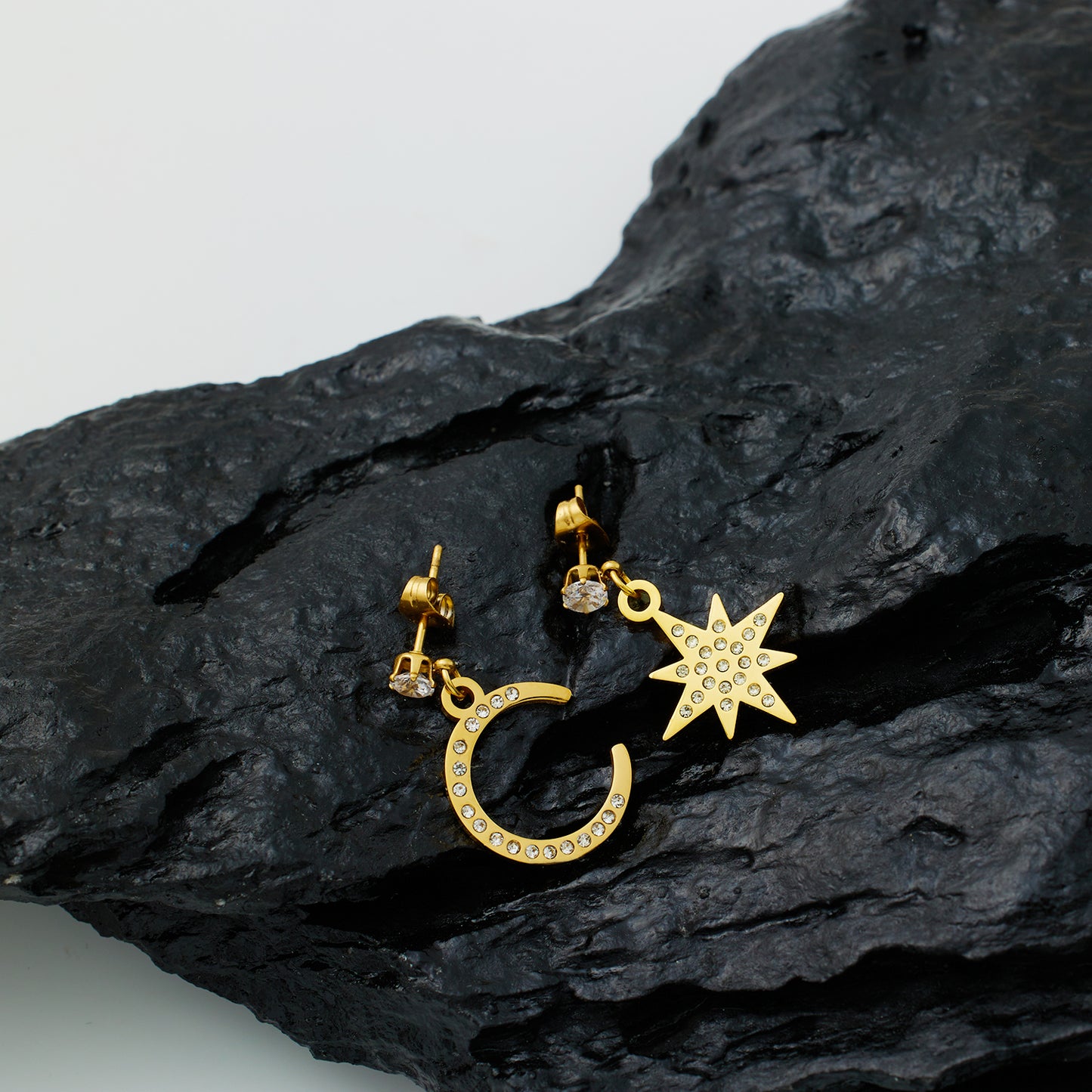 Stainless steel plated 18-karat gold diamond star moon earrings