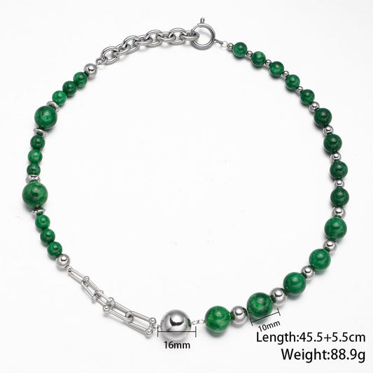 Natural Dark Green Stone Beads Stainless Steel Necklace – Minimalist Fashion Jewelry for Women