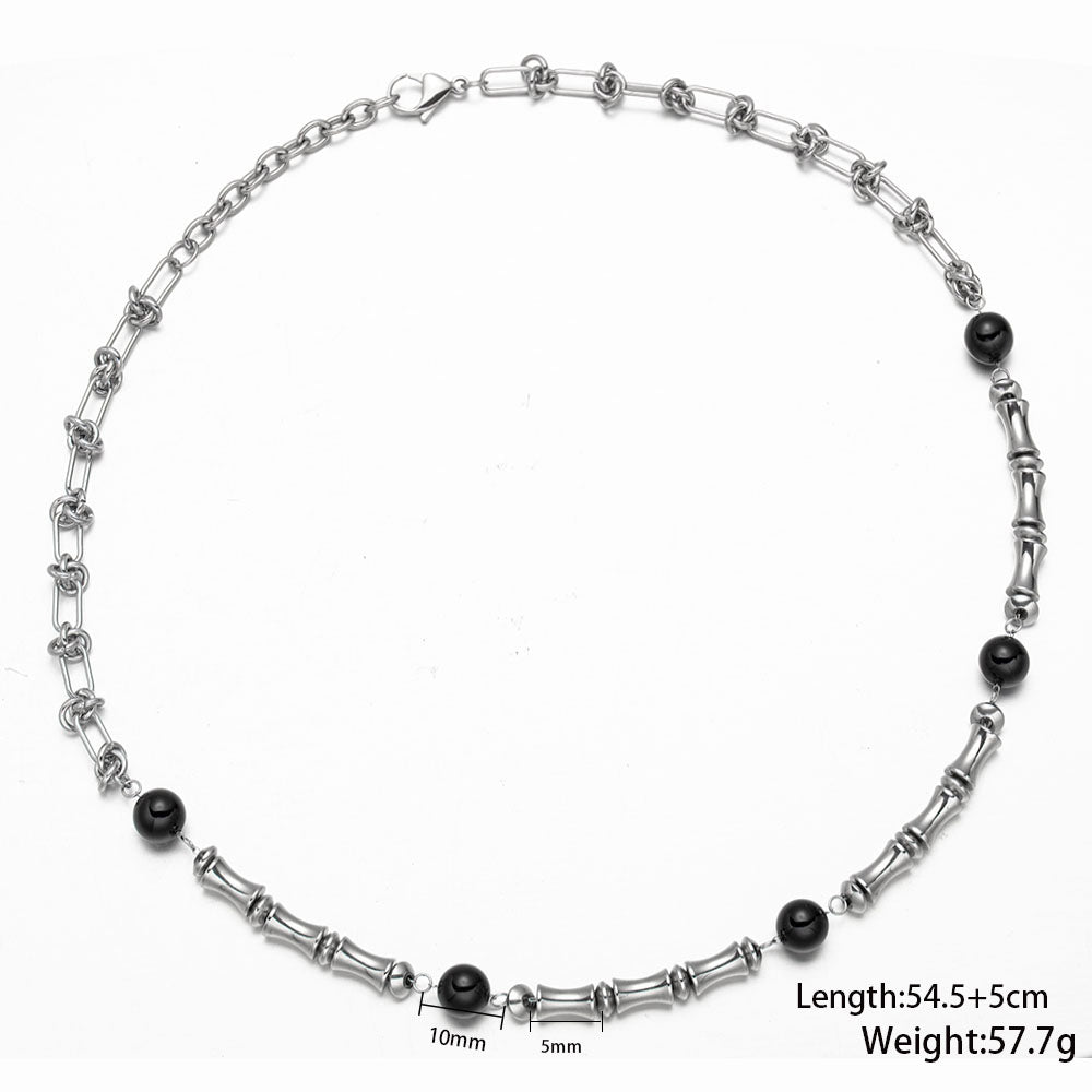 Bamboo Link Stainless Steel Necklace with Black Bead Accents – Stylish Minimalist Unisex Jewelry