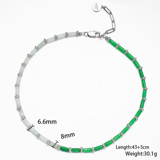 Two-Tone Bamboo Shaped Stone Bead Necklace – Green & White Natural Stone Handmade Jewelry for Women