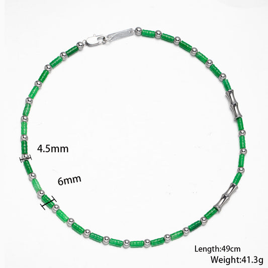 Emerald Weave Necklace with Green Bamboo Stones and Stainless Steel Beads – Unisex Handmade Jewelry