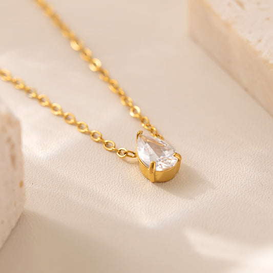Teardrop Cubic Zirconia Pendant Necklace – 316L Stainless Steel, Waterproof, Tarnish Free, Hypoallergenic & 18K Gold Plated