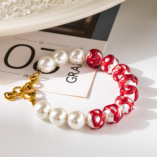 White Beads with Red Accents Bracelet – Unisex Handmade Bracelet with White Beads and Red Highlights