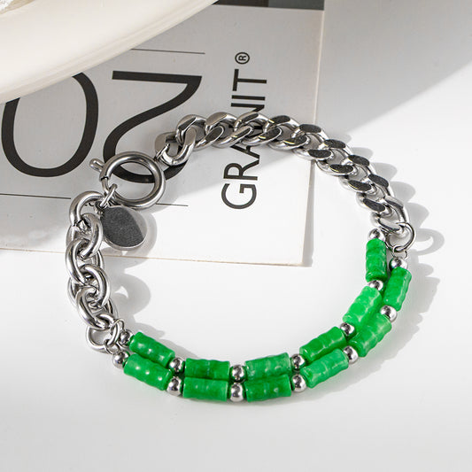 Green Bamboo Stone Layered Bracelet – Unisex Handmade Double-Layer Bamboo Stone Bracelet