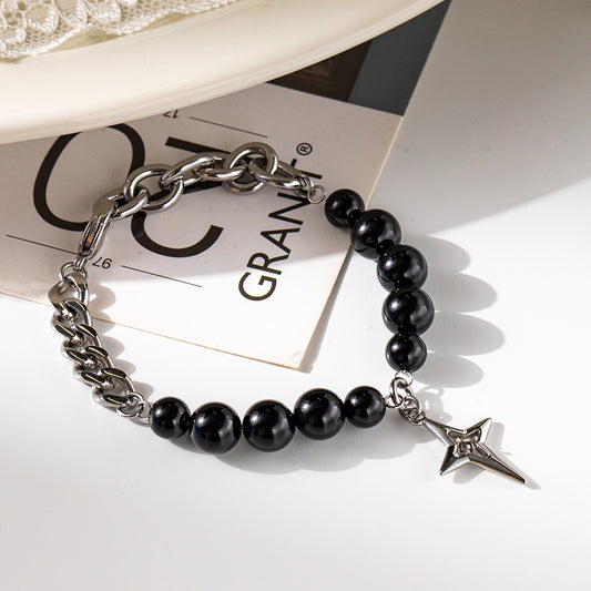 Black Beads & Cuban Chain Bracelet – Unisex Handmade Bracelet with Black Beads and Cuban Chain