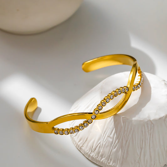 316 Stainless Steel 18K Crystal Wave C-Shaped Bracelet | Sparkling Open Design