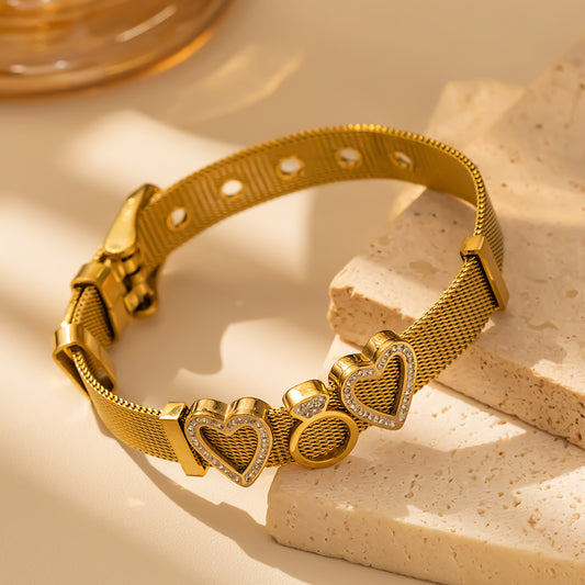 18K Gold Plated 316 Stainless Steel Heart Charm Bracelet – Waterproof, Hypoallergenic Women’s Wristband