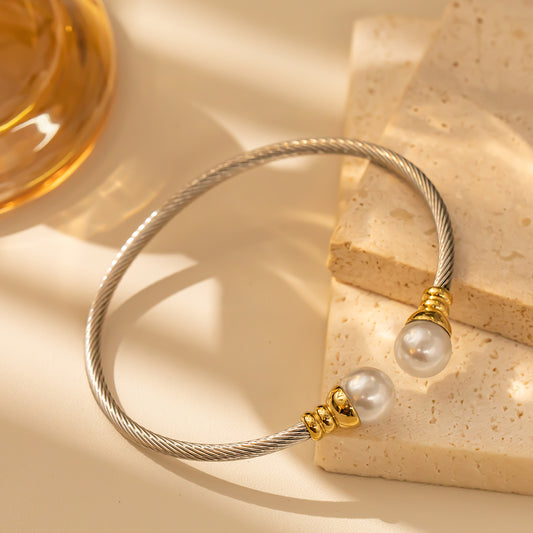 Silver Tone 316 Stainless Steel Rope-Style Bangle with Two White Beads – Waterproof & Hypoallergenic Bracelet