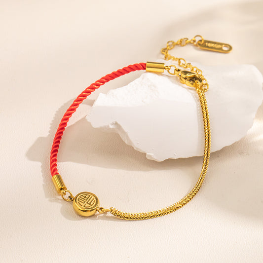316 Stainless Steel 18K Gold Plated Red String Bracelet with “Fu” Pendant | Lucky Good Fortune Jewelry
