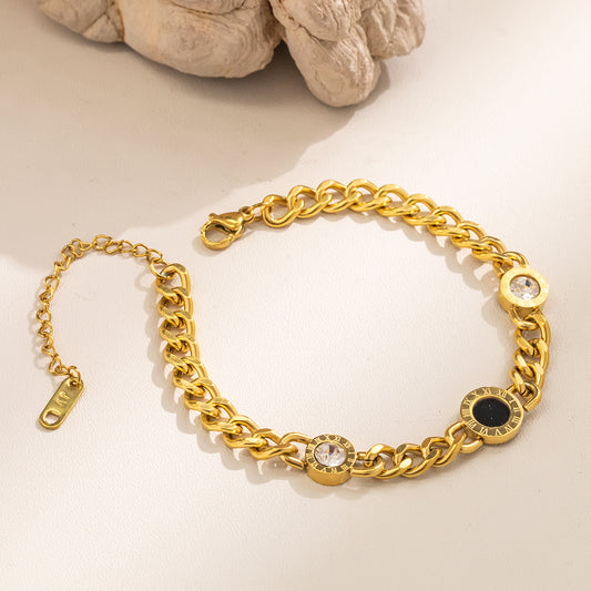 316 Stainless Steel 18K Gold Plated Bracelet | Black & White Accents with 3 Decorative Elements Minimalist Jewelry