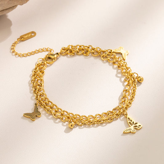316 Stainless Steel 18K Gold Plated Layered Bracelet | Double Chain with Butterfly Charms Trendy Jewelry