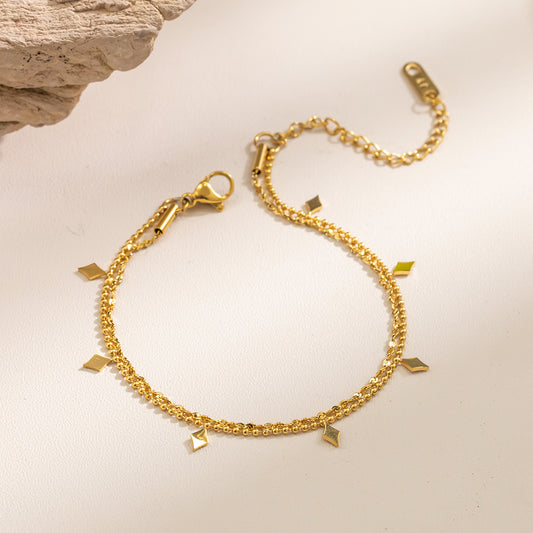 316 Stainless Steel 18K Gold Plated Layered Bracelet | Double Chain with Dangle Charms & Disc Accents