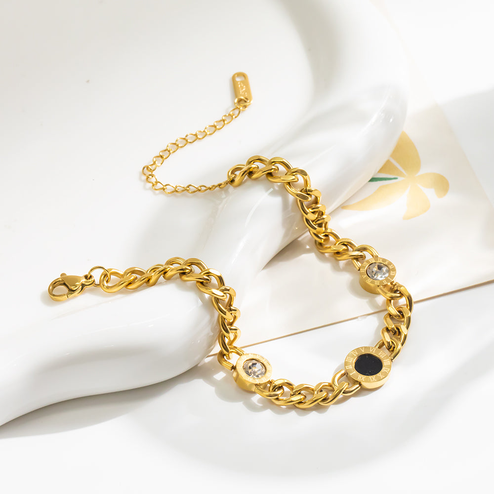 316 Stainless Steel 18K Gold Plated Bracelet | Black & White Accents with 3 Decorative Elements Minimalist Jewelry
